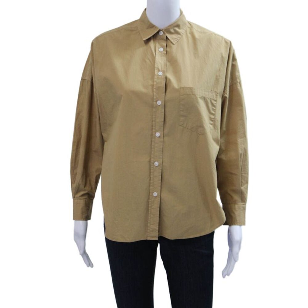 LMND Womens Beige Cotton Collared Basic Button Up Long Sleeve Top Size XS